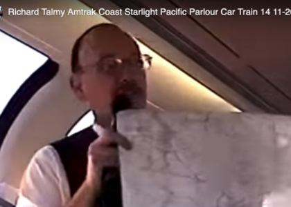 Car attendant giving talk on Coast Starlight in 2004
